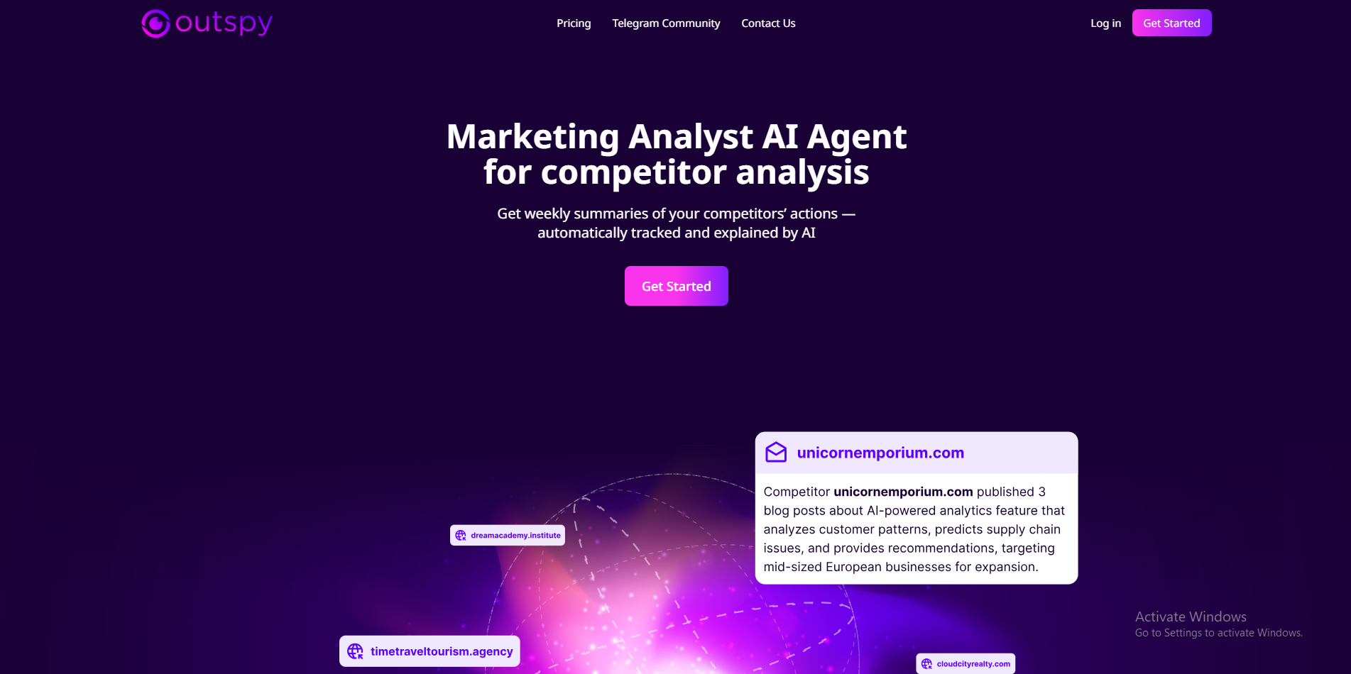 Outspy homepage with AI competitor analysis headline and get started button.