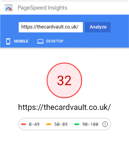 Google PageSpeed Insights showing a mobile performance score of 32