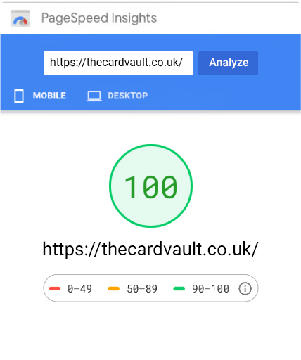 Google PageSpeed Insights showing a mobile performance score of 100