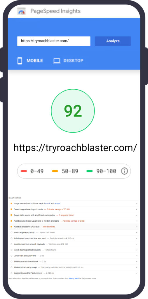 Google PageSpeed Insights showing a Desktop performance score of 92