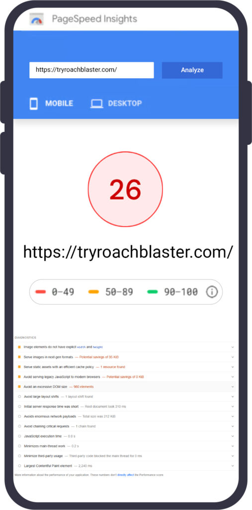 Google PageSpeed Insights showing a Desktop performance score of 26
