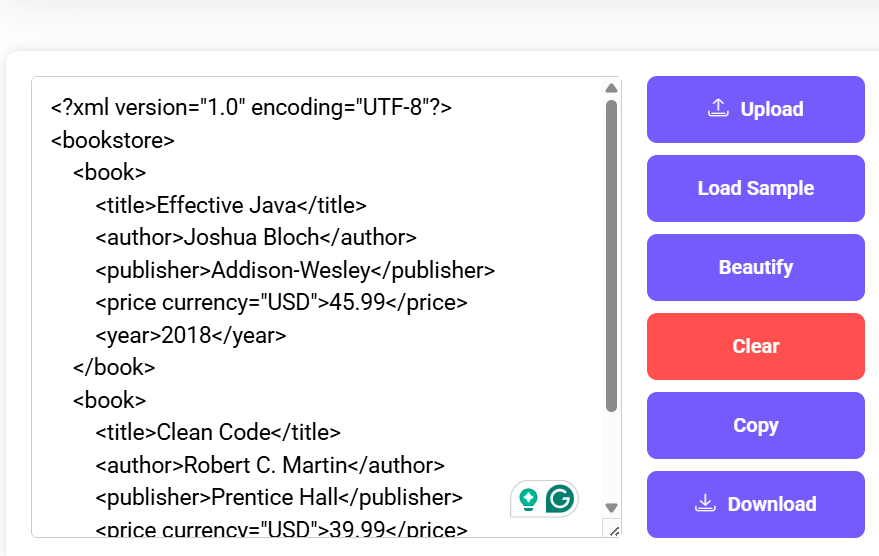 XML Beautifier with book catalog and action buttons like "Beautify," "Clear," and "Download."