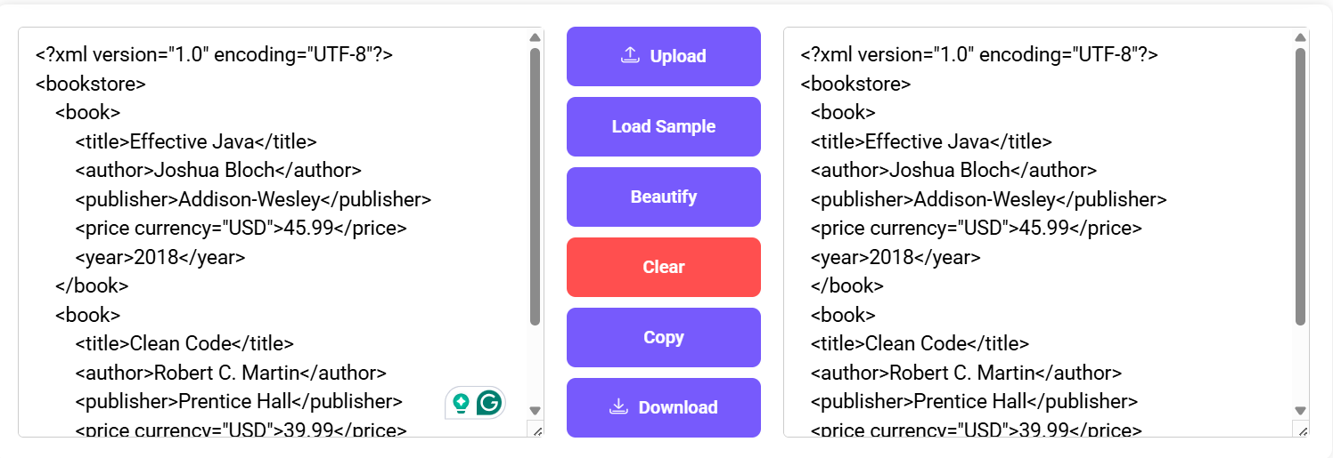 XML Beautifier with two editors showing a bookstore catalog and action buttons for editing and formatting.