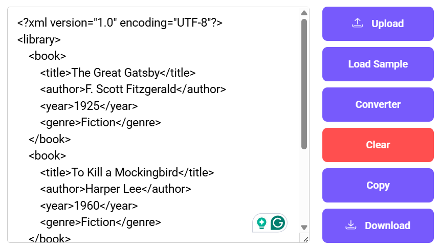 XML to CSV converter with input, output, and action buttons.