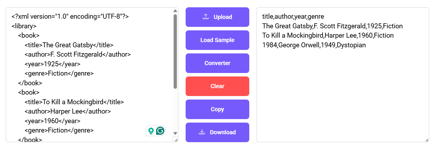 XML to CSV converter interface with XML input, CSV output, and action buttons.
