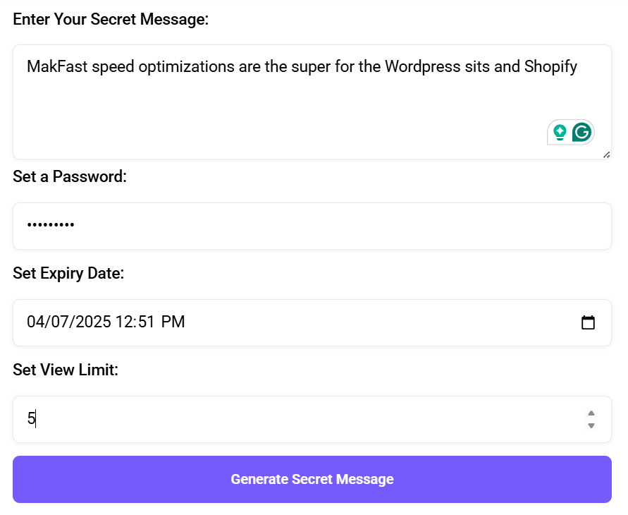 Secret Message Generator form with message, password, expiry, and view limit fields.