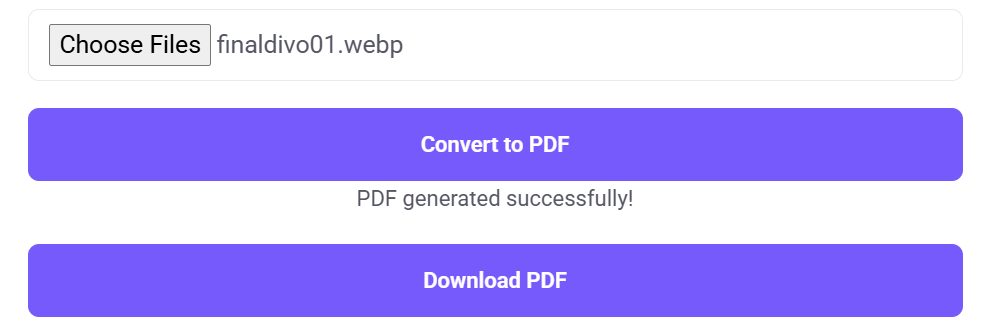Images to PDF Converter tool with an uploaded file, a 'Convert to PDF' button, a success message, and a 'Download PDF' button.