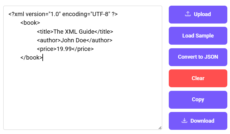 XML to JSON Converter interface displaying an XML file with book details and converter options