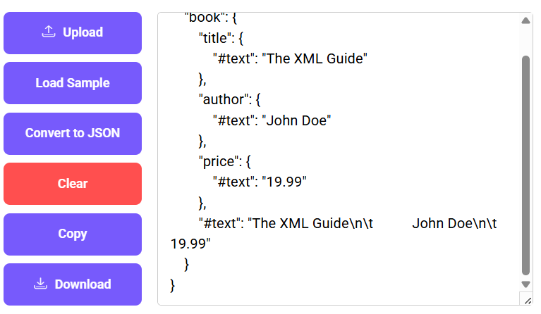 XML to JSON Converter displaying the converted JSON output, with buttons for uploading, converting, clearing, copying, and downloading the data.