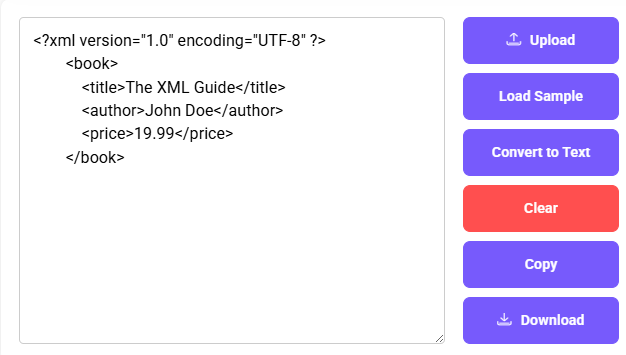 XML to Text Converter with sample code and action buttons