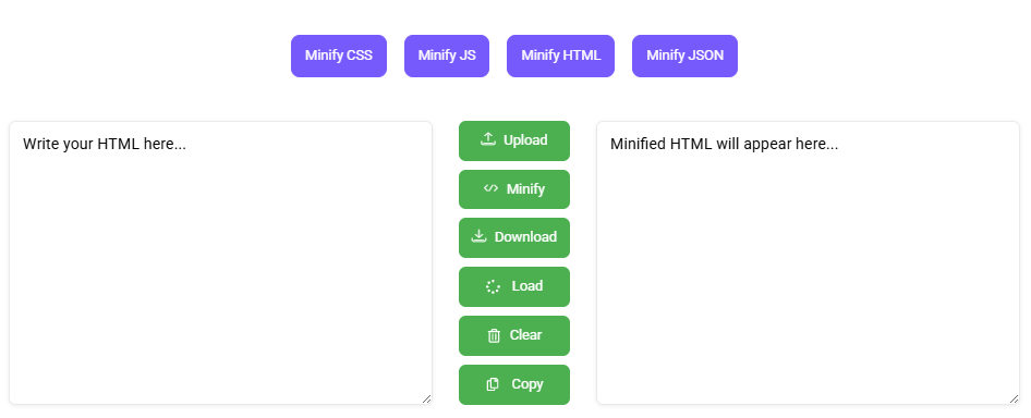 HTML Code minifier tool with input, output, and action buttons