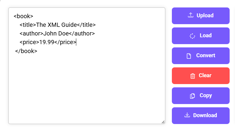 XML to YAML converter with sample book XML and action buttons.