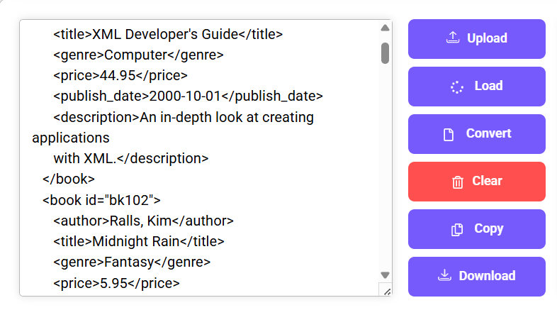 XML to Java converter interface with XML code and action buttons.