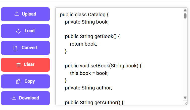 Java code output shown in an XML to Java converter interface with action buttons.