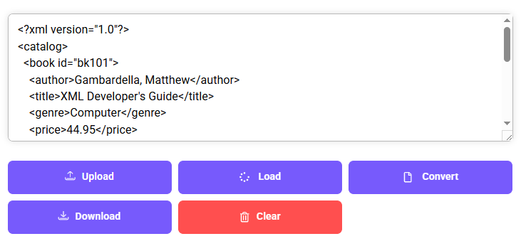 XML input interface with options to upload, convert, and download Excel