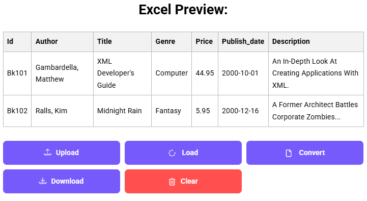 Excel preview of converted XML book data with control buttons
