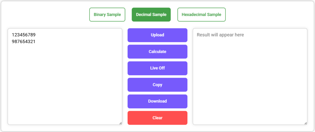 Decimal NAND calculator showing input and result.