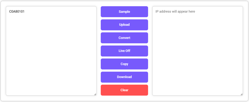 Hex to IP converter input screen showing "C0A80101