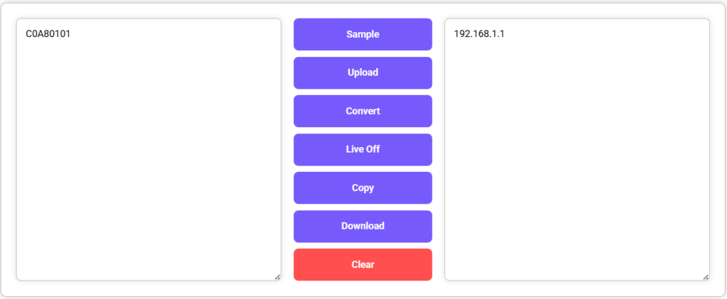 Hex to IP converter output screen showing "192.168.1.1