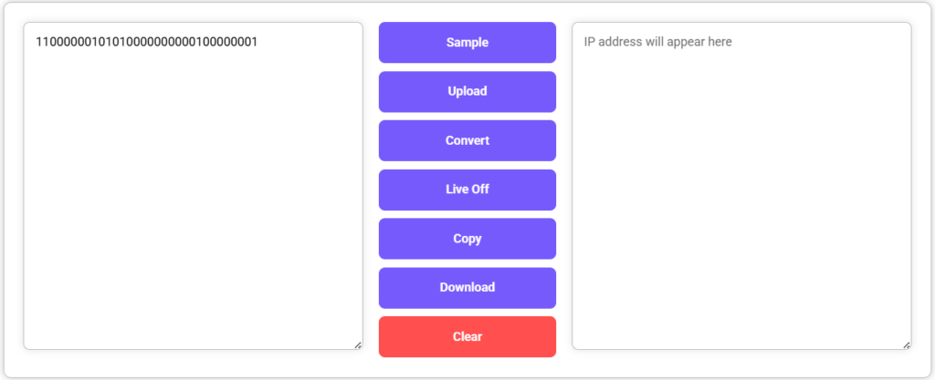 Text area shows binary "11000000101010000000000000000001", IP output area is empty.