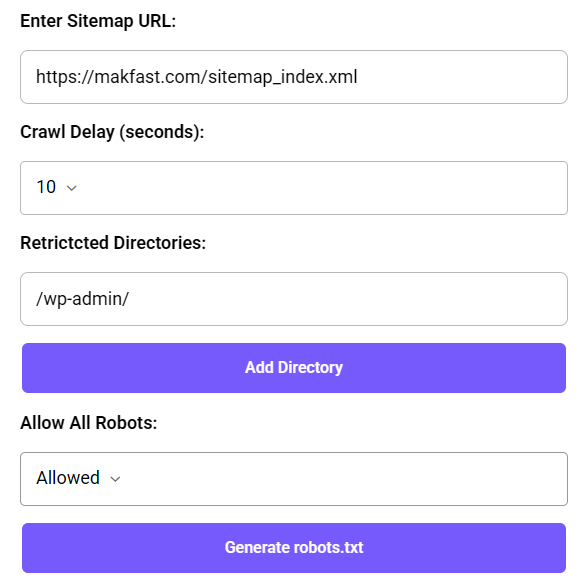 Robots.txt generator form with input fields and options