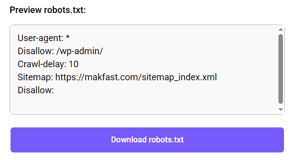 Preview of generated robots.txt file with download button