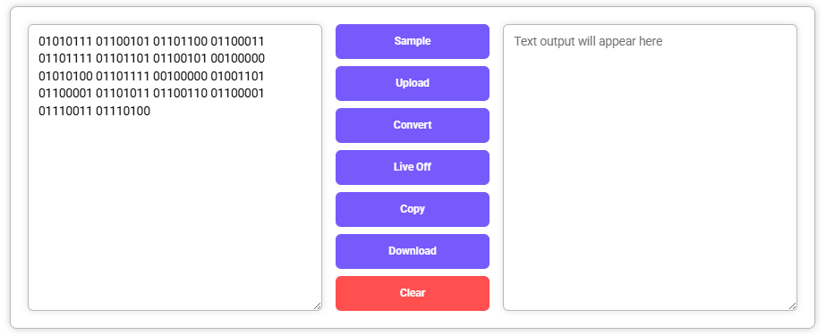 Binary to Text Converter with input values and empty binary output