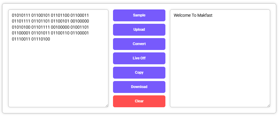Binary to Text Converter showing Text output after conversion.