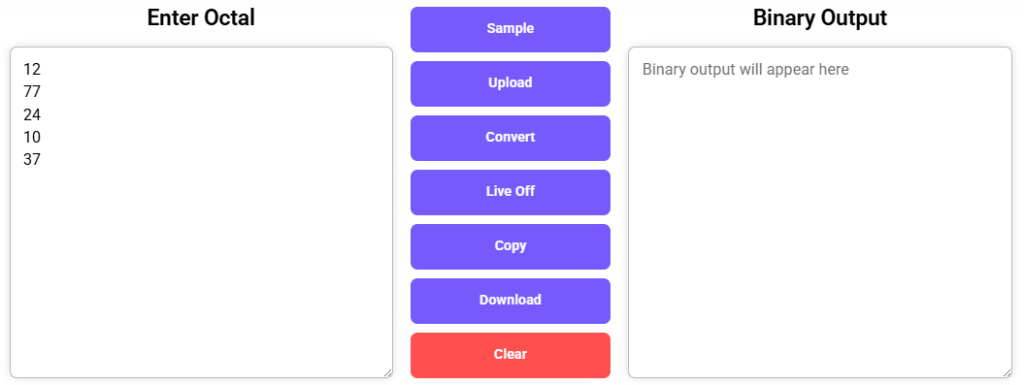 Octal to Binary Converter with input values and empty binary output.