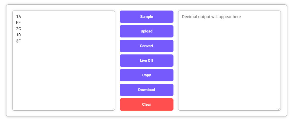 Hex to Decimal Converter with input values entered, output panel is empty.