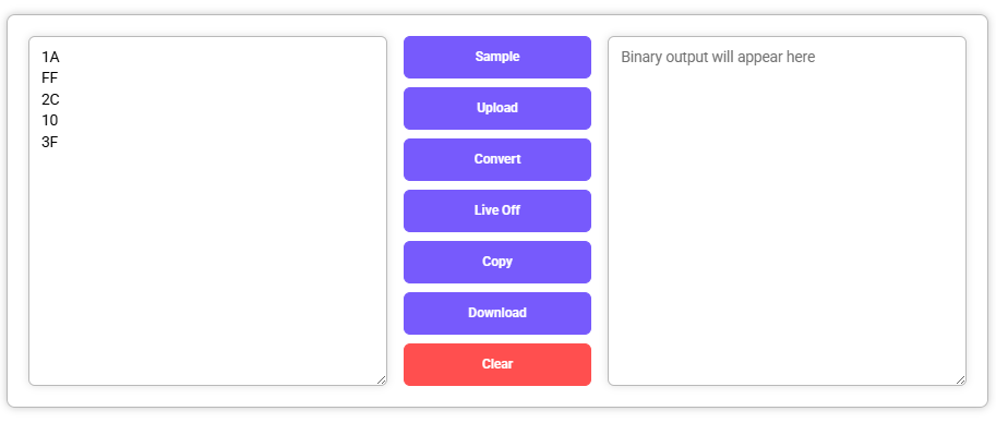 Hex to Binary Converter with input values entered, output panel is empty.