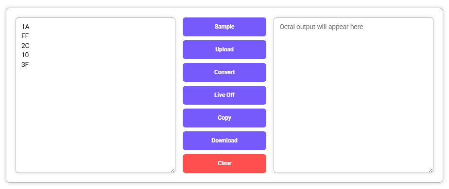 Hexa to Octal Converter with hex input entered, no output yet.