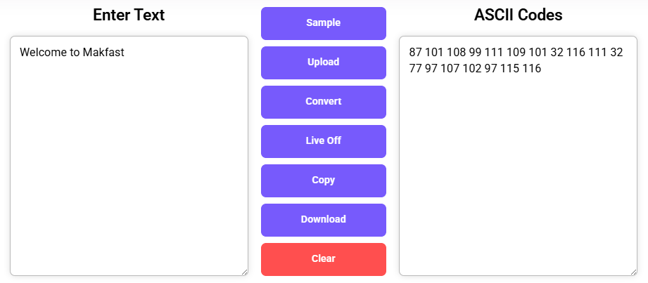Character to ASCII Converter​ showing Text in the ASCII Code output after conversion.