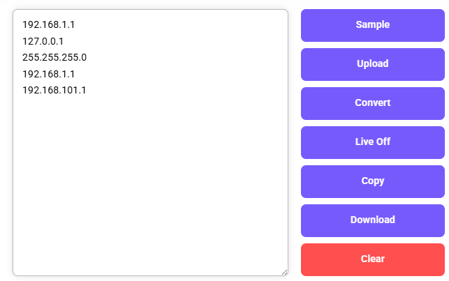 IP to Binary Converter showing IP addresses before conversion.