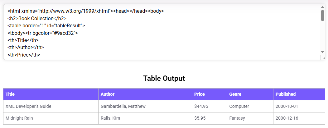 XML to XSL converter showing the HTML code generated from an XSL transformation at the top, and a styled table output below.