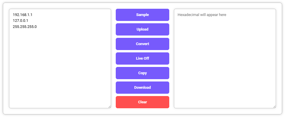 IP to Hex Converter interface showing input IPs and empty output.