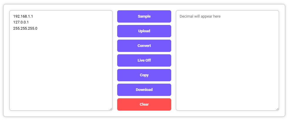IP to Decimal Converter with input IPs and empty output.