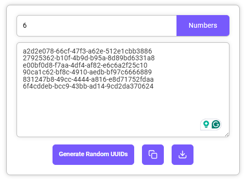 Random UUID Generator tool with the number "6" entered in the input box.