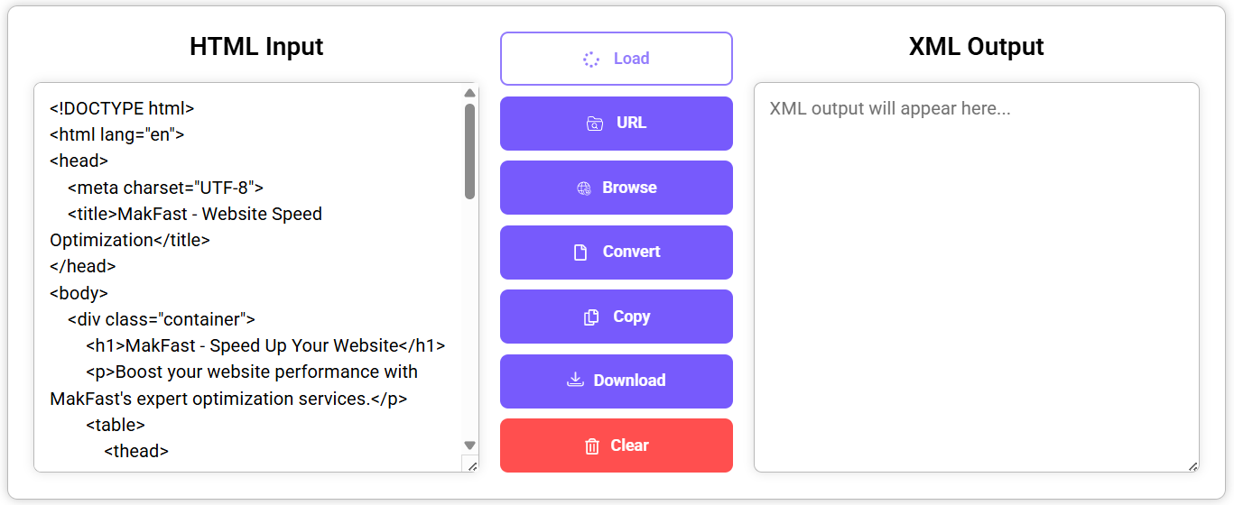 HTML to XML converter tool showing HTML input