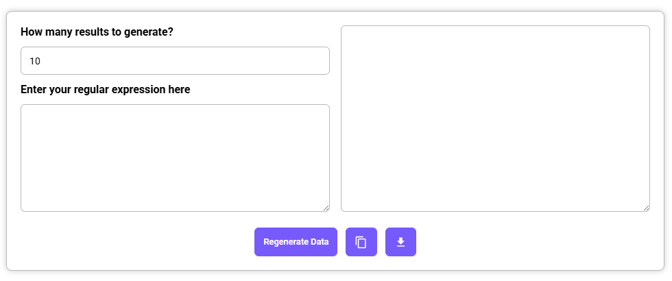 Random Data Generator interface with input for number of results and a blank regular expression field.