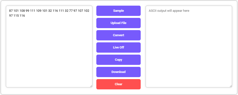 Decimal to ASCII converter tool with input numbers, action buttons, and empty output field.