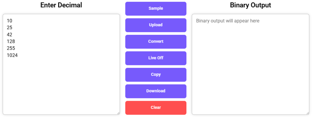 Tool interface for converting decimal to binary with input and output sections