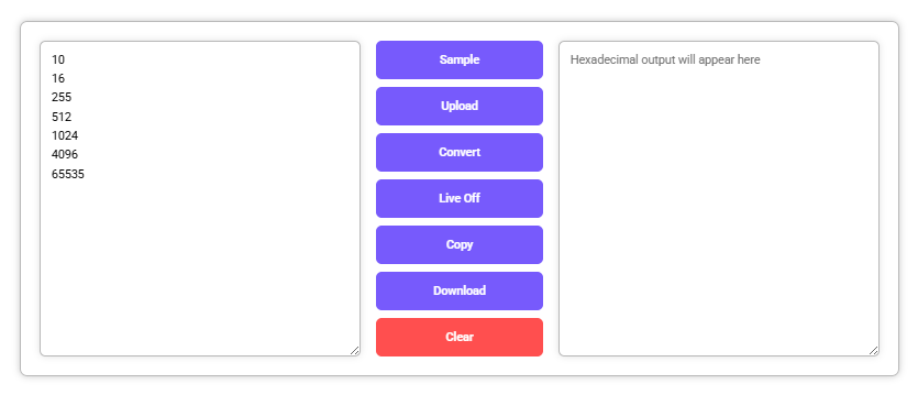 Tool showing decimal input and empty hexadecimal output field.