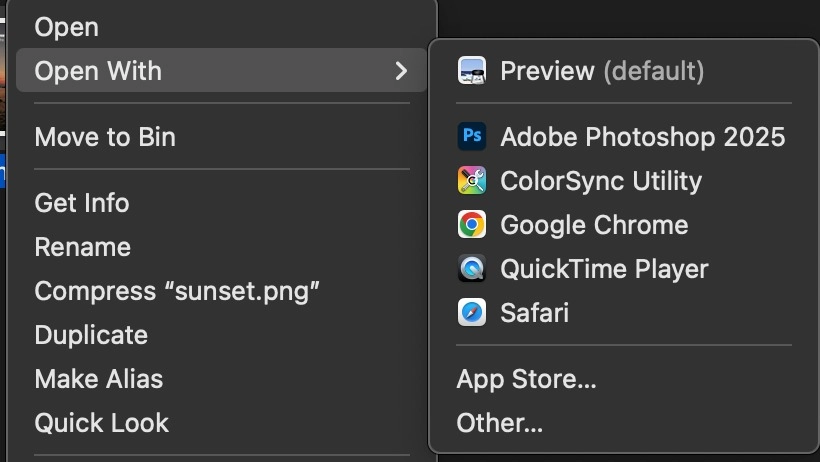 Mac 'Open With' menu showing app options like Preview, Photoshop, Chrome, and Safari