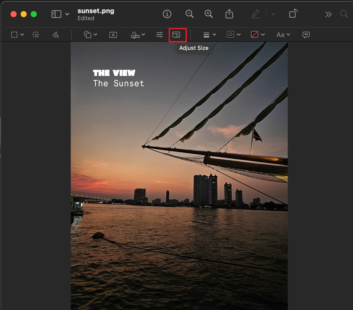 Sunset image open in Mac Preview with size adjust option highlighted.