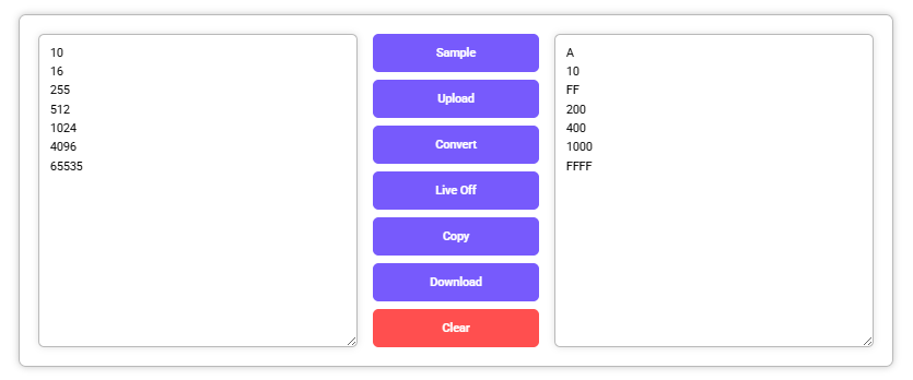 Tool showing decimal numbers converted to hexadecimal values like A, FF, and FFFF.