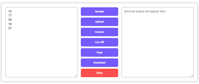 Octal to Decimal Converter with input values, output area, and control buttons