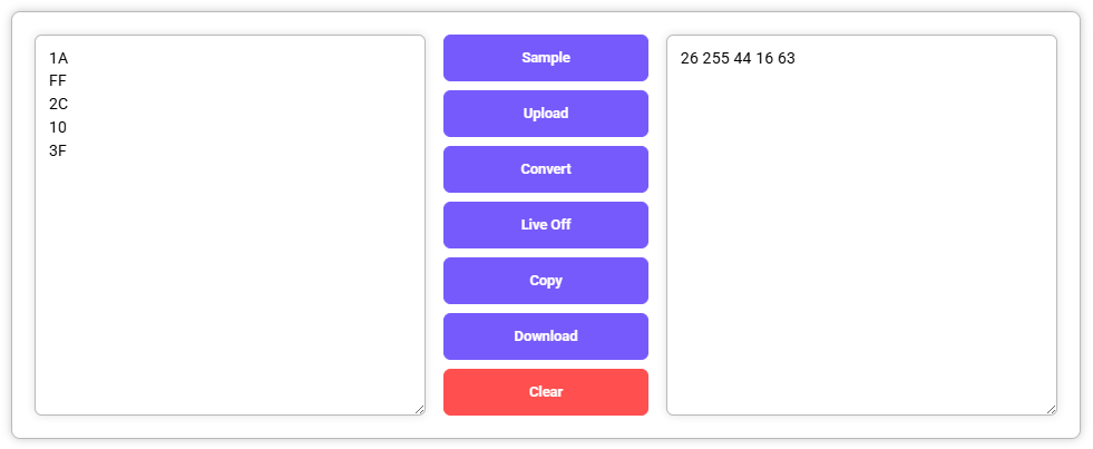 Hex to Decimal Converter showing converted decimal results