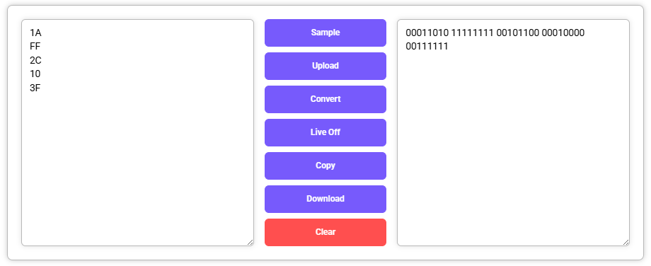 Hex to Binary Converter showing binary outputs for the entered hex values.