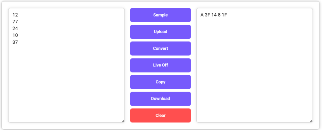 Octal to Hexa Converter showing hexadecimal output after conversion.